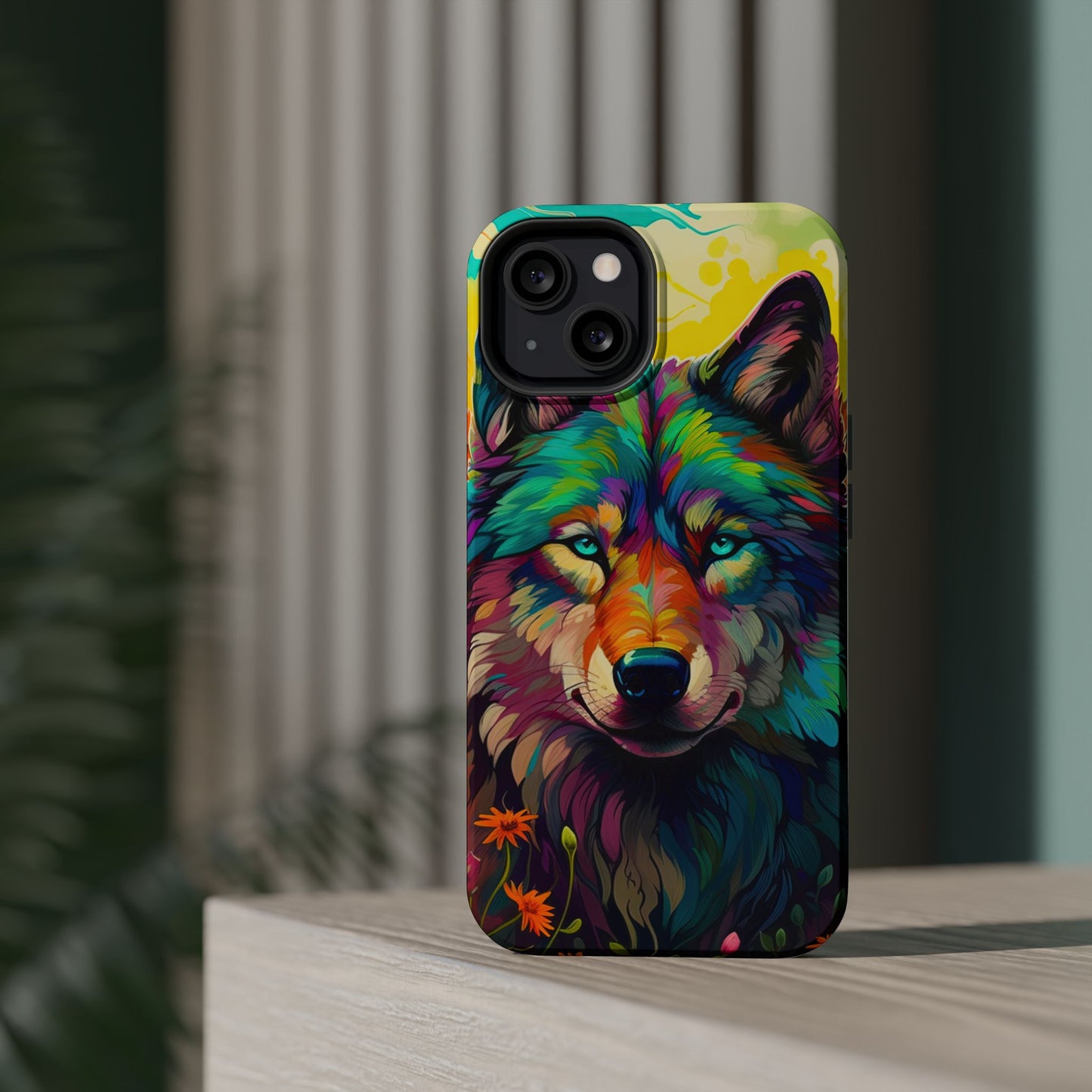 Rainbow Wolf in Bloom – MagSafe iPhone Case with Nature-Inspired Design