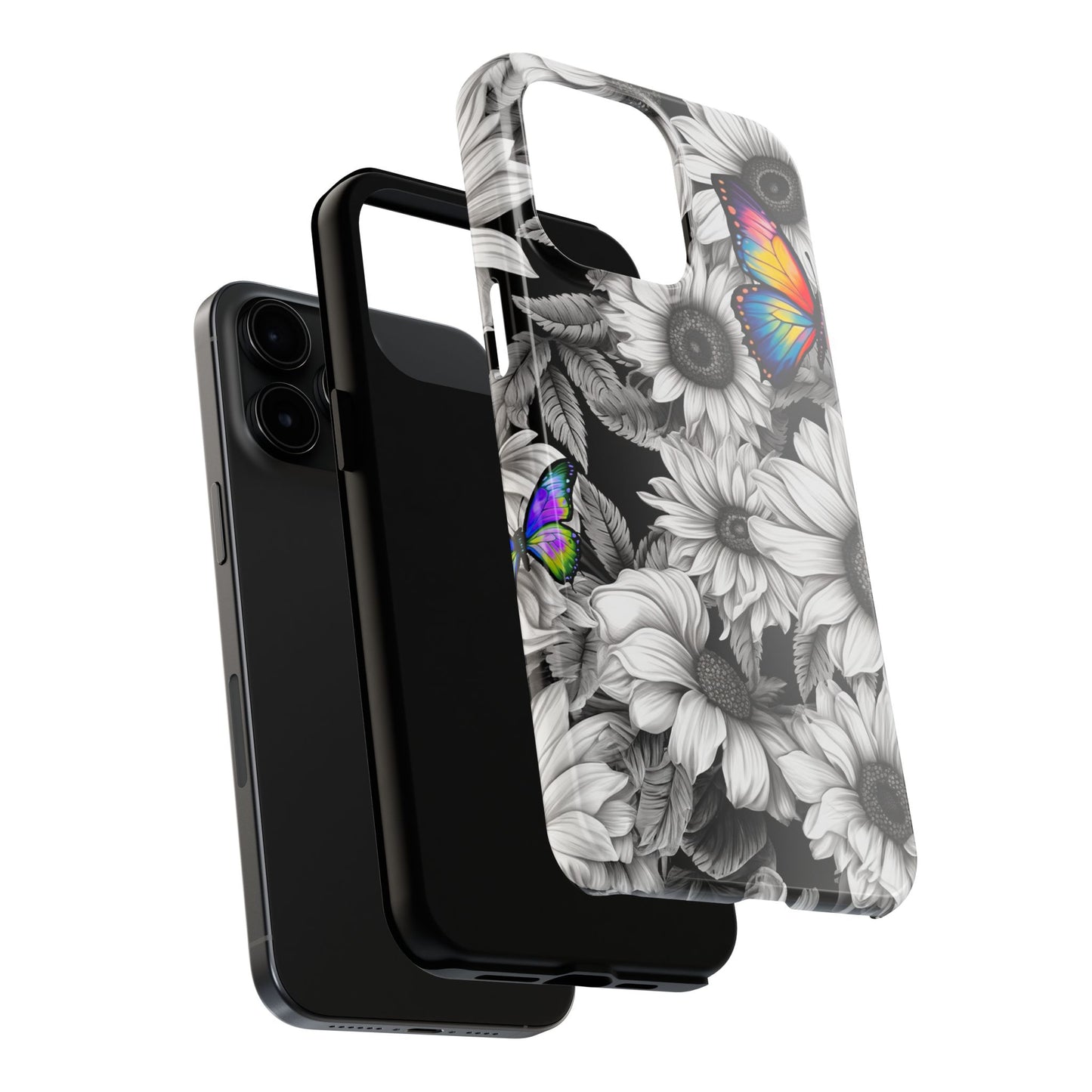 Rainbow Butterflies & Monochrome Sunflowers – iPhone Case