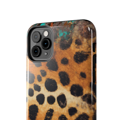 Rustic Leopard Print Tough iPhone Case – Distressed Turquoise and Animal Pattern with Dual-Layer Protection