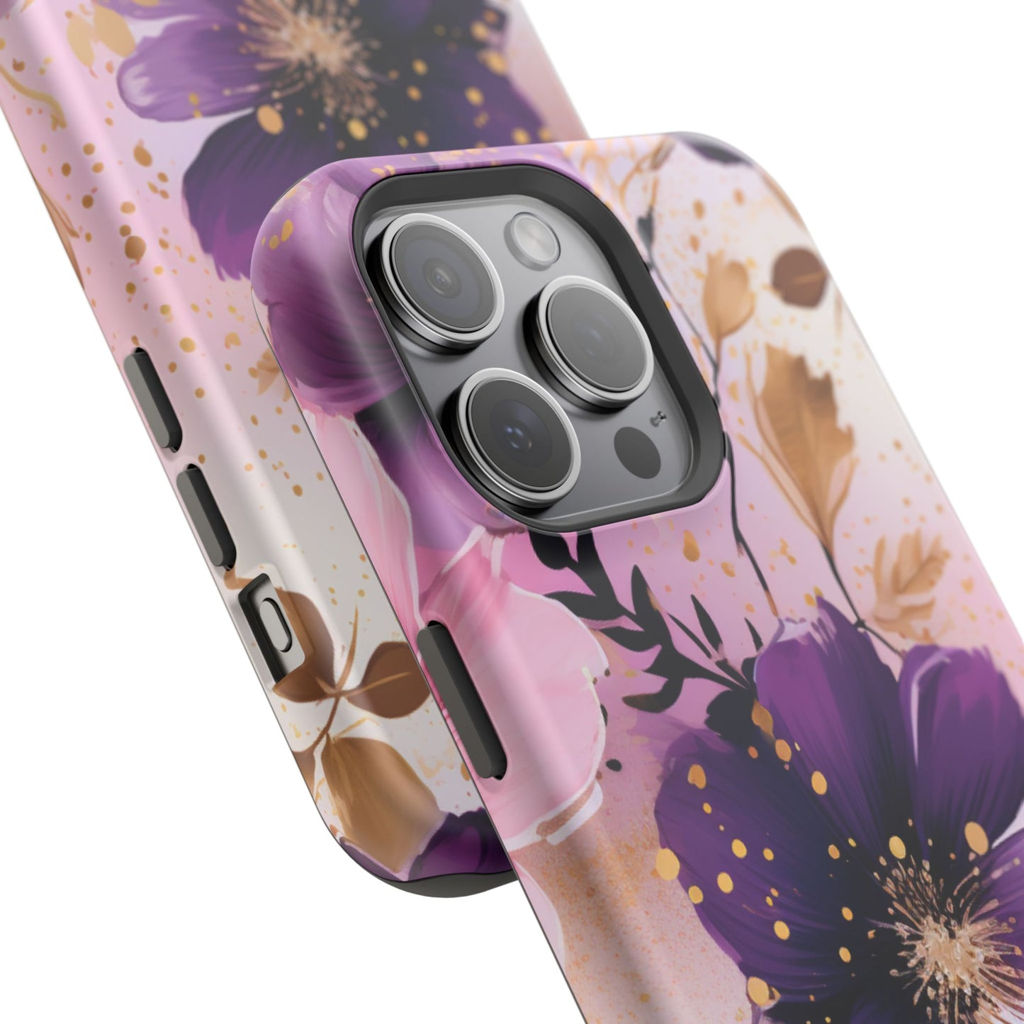 Elegant Purple & Gold Floral MagSafe iPhone Case - Luxe Flower Design