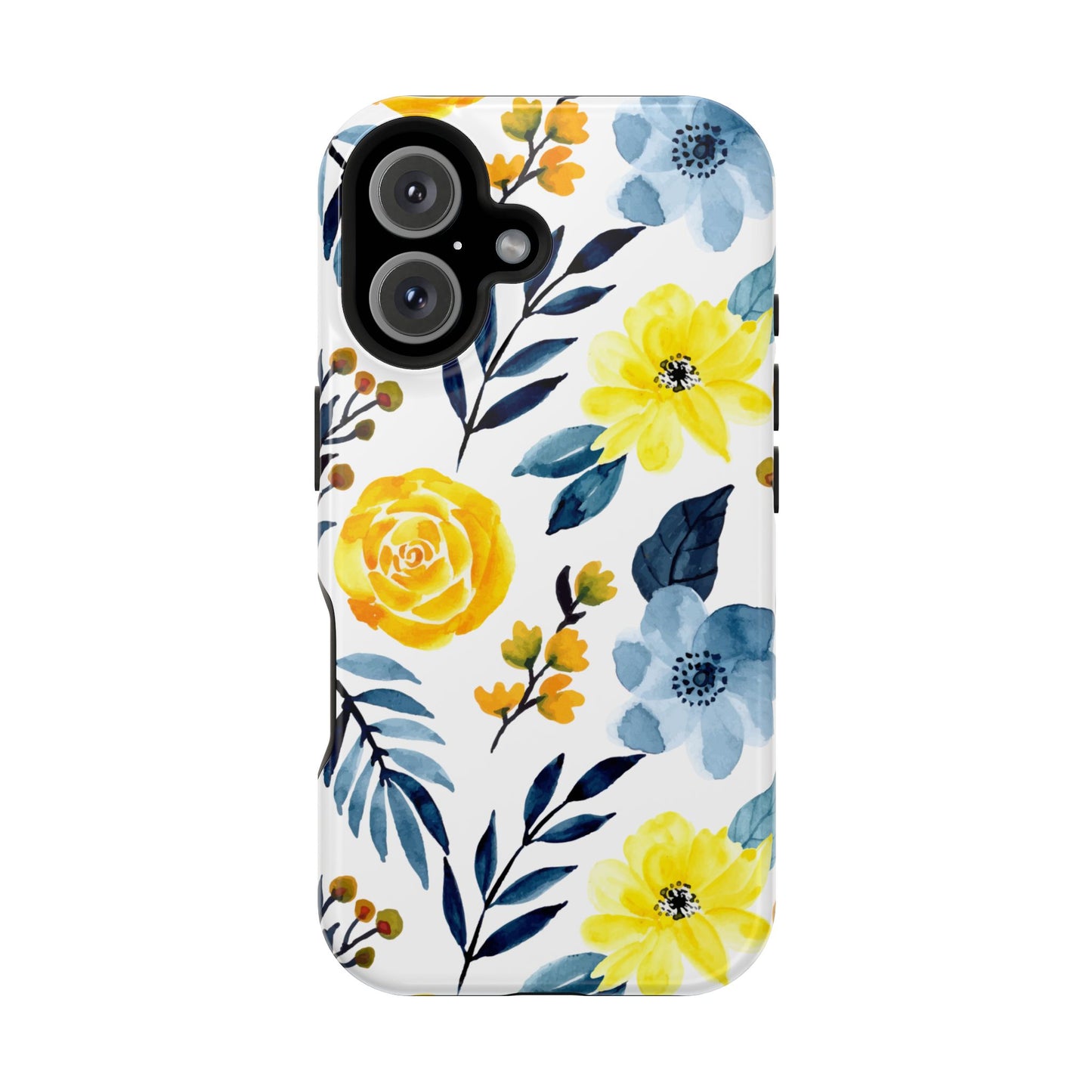 Golden Yellow & Sky Blue Floral – Watercolor Botanical MagSafe iPhone Case