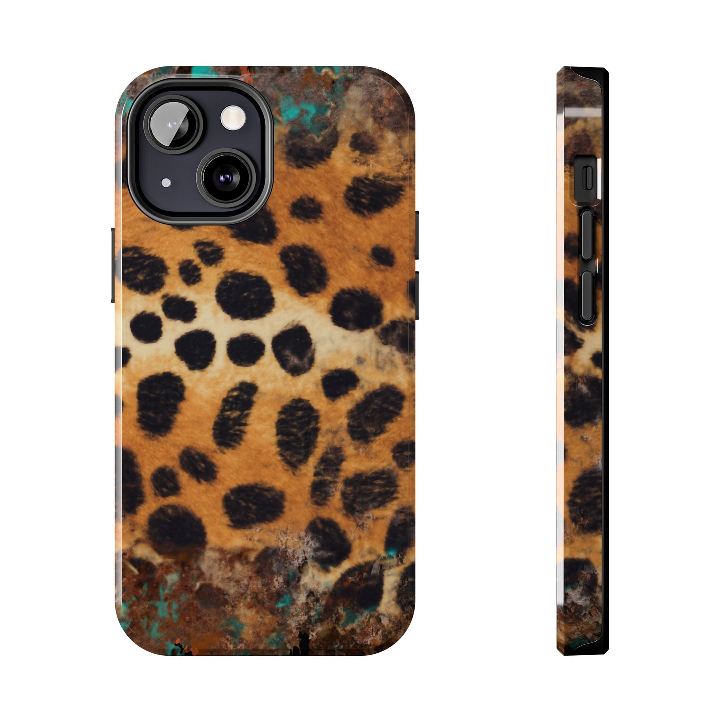 Rustic Leopard Print Tough iPhone Case – Distressed Turquoise and Animal Pattern with Dual-Layer Protection