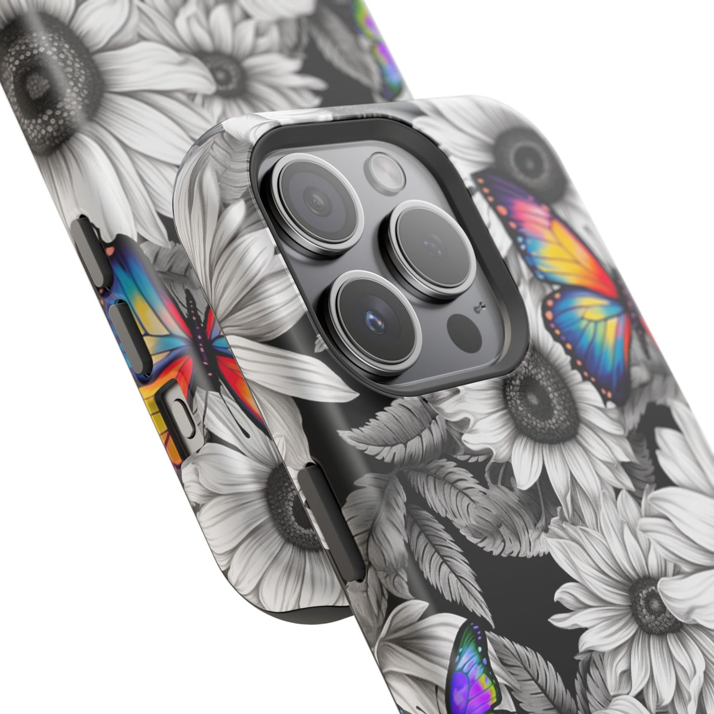 Rainbow Butterflies & Monochrome Sunflowers – MagSafe iPhone Case