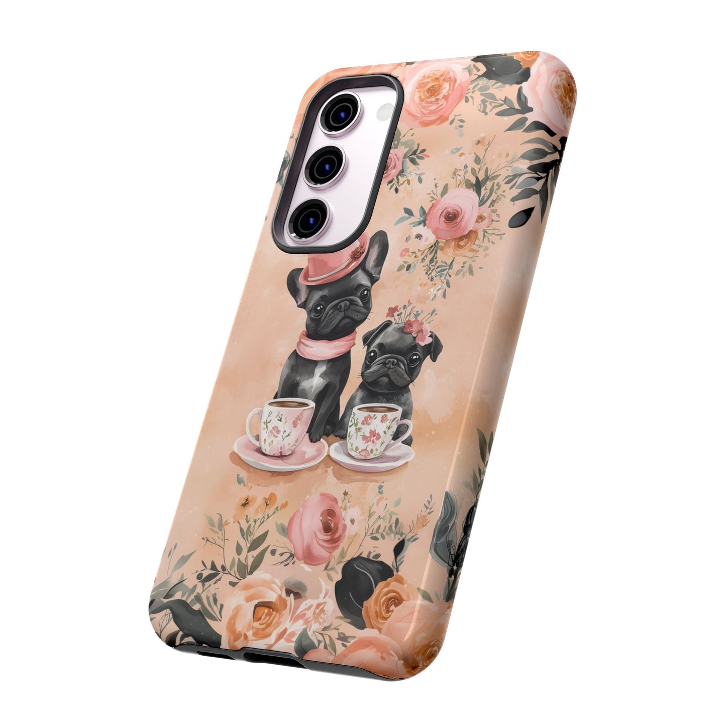 Floral French Bulldogs Samsung Galaxy Case – Elegant Dog Design with Tea Cups & Roses, Shockproof Protection