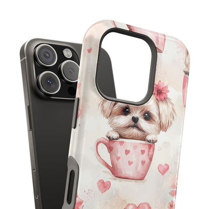 Floral Puppy in Teacup MagSafe iPhone Case – Cute Pink Flower Design, Tough Dual-Layer Protection