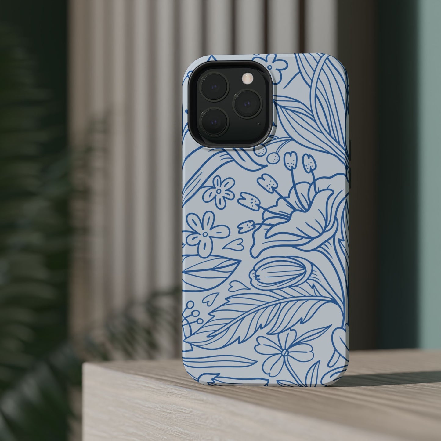 Dusty Blue Floral Line Art Tough MagSafe iPhone Case – Minimalist Botanical Design with Dual-Layer Protection