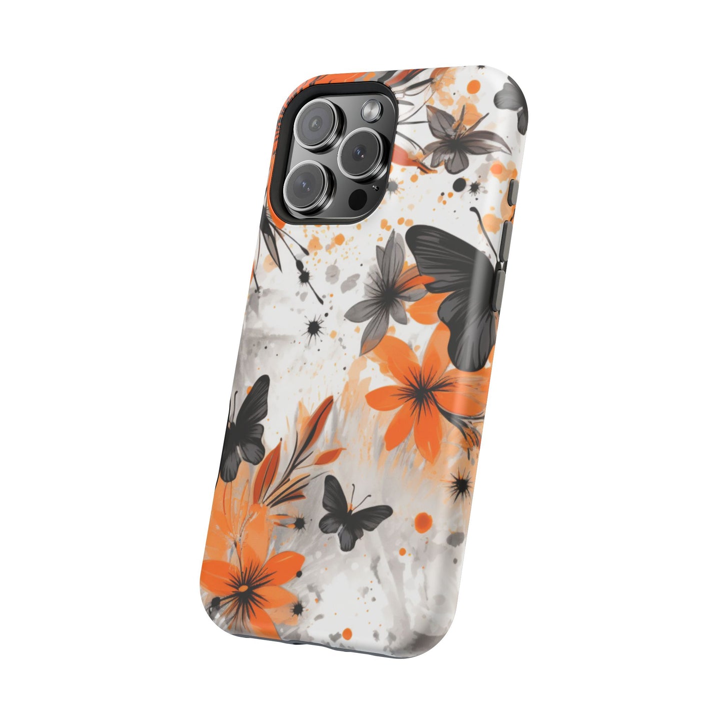 Orange Blossom & Black Butterfly MagSafe iPhone Case – Bold Floral Pattern with Modern Abstract Style