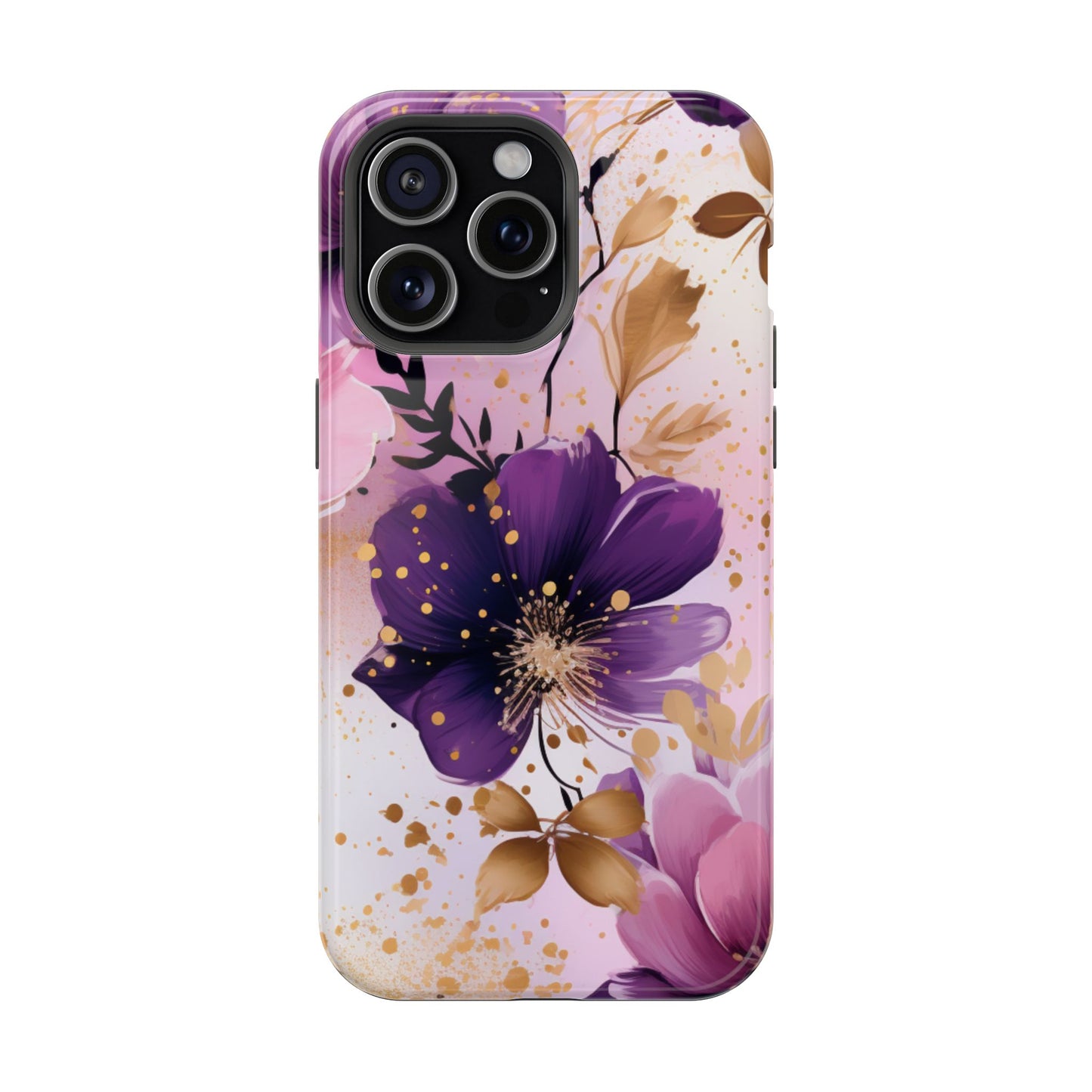 Elegant Purple & Gold Floral MagSafe iPhone Case - Luxe Flower Design