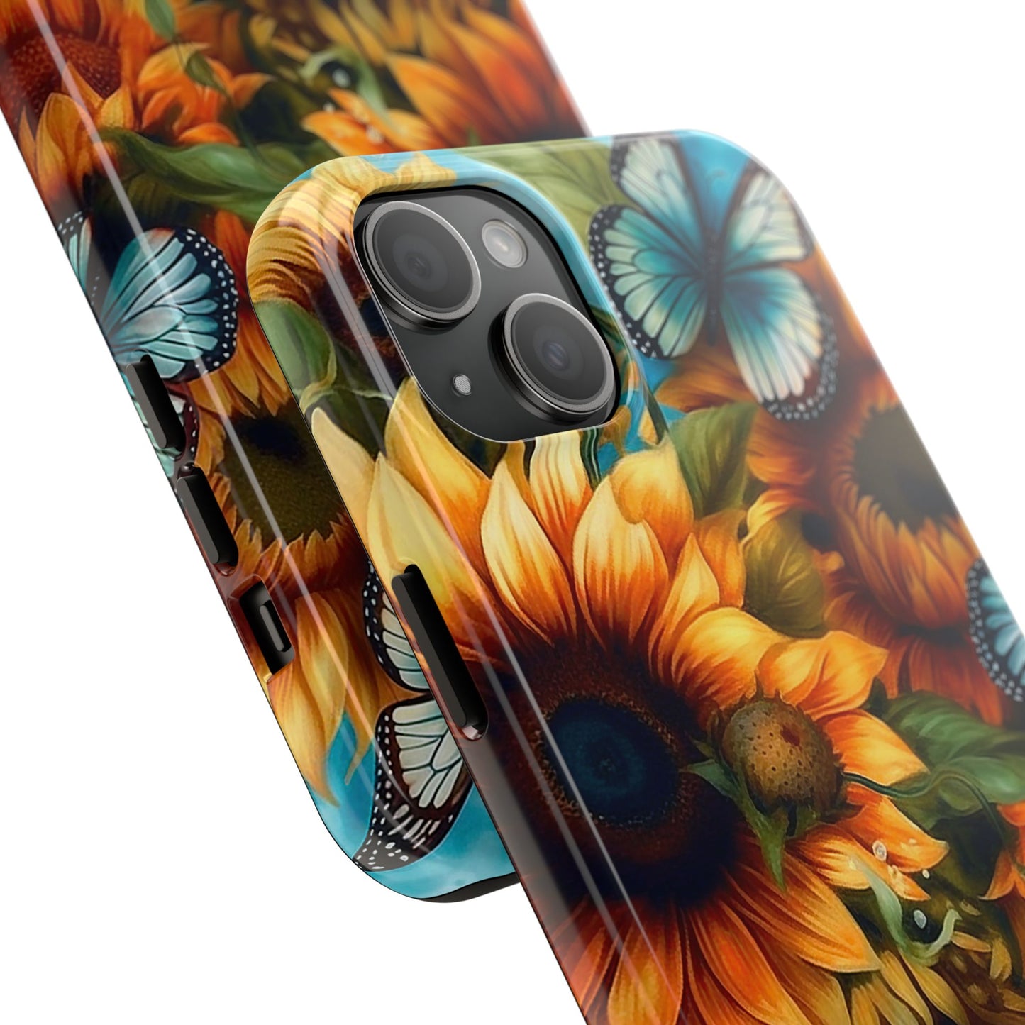 Aqua Blue Butterfly & Sunflower Art – iPhone Case