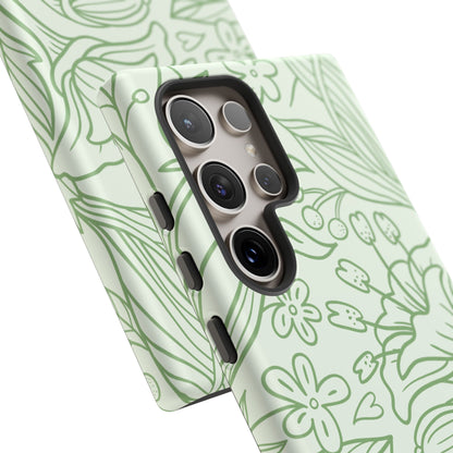 Sage Green Floral Line Art Tough Samsung Galaxy Case – Minimalist Botanical Design with Dual-Layer Protection