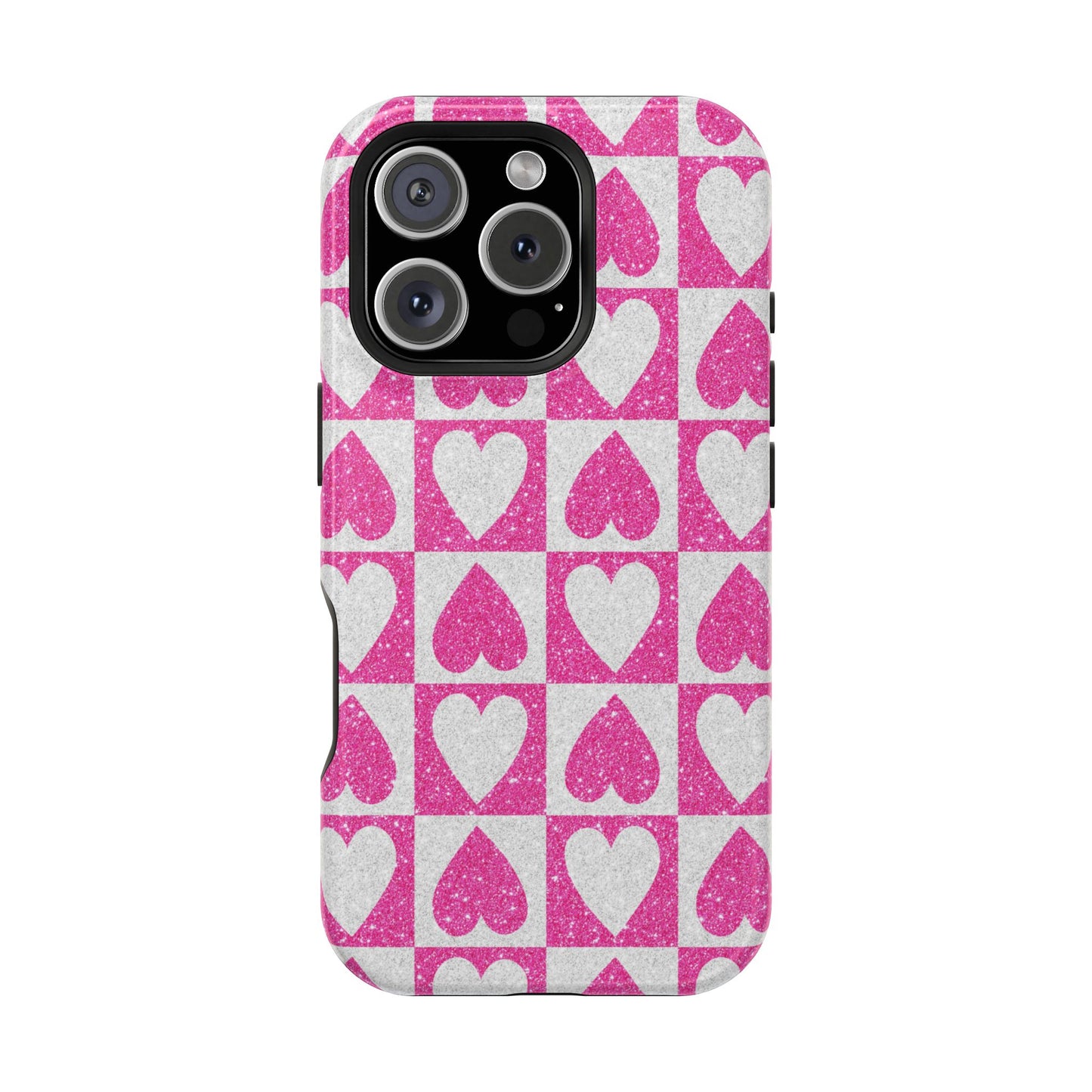 Pink Glitter Heart Checkered Pattern MagSafe Case