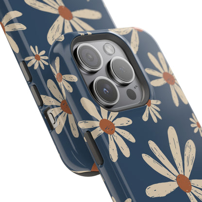 Vintage Daisies MagSafe iPhone Case – Navy Blue Floral Design, Scratch-Resistant with Shock-Absorbing Bumper