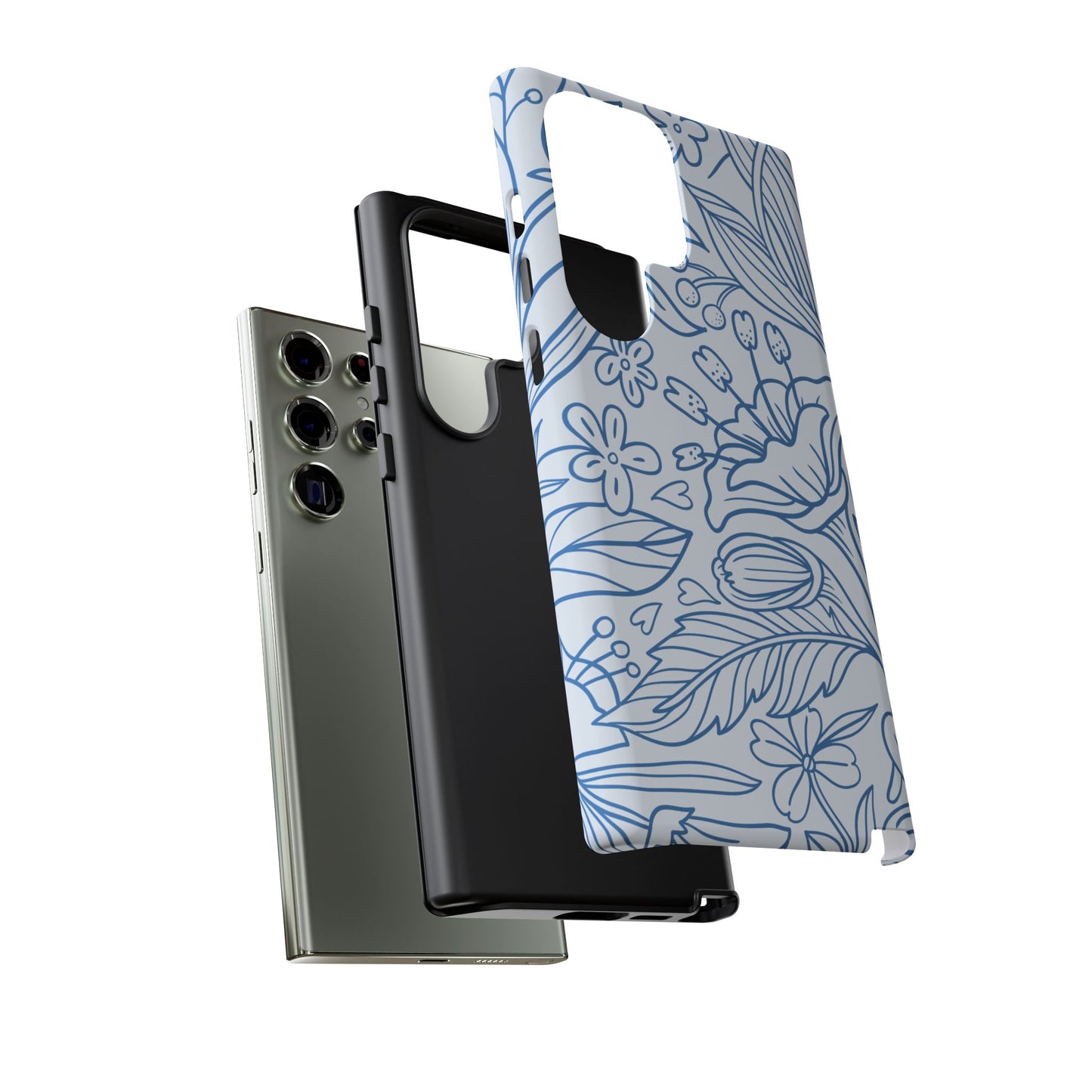 Dusty Blue Floral Line Art Tough Samsung Galaxy Case – Minimalist Botanical Design with Dual-Layer Protection