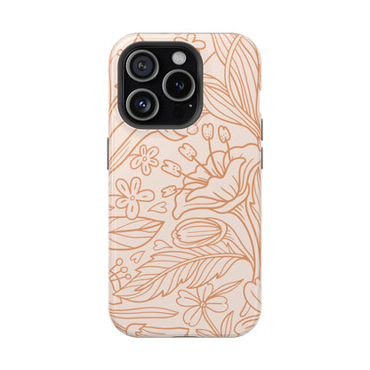 Soft Terracotta Floral Line Art Tough MagSafe iPhone Case – Minimalist Botanical Design with Dual-Layer Protection