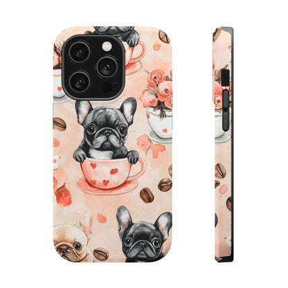 French Bulldogs in Heart Teacups MagSafe iPhone Case – Cute Dog & Floral Design, Shockproof Protection