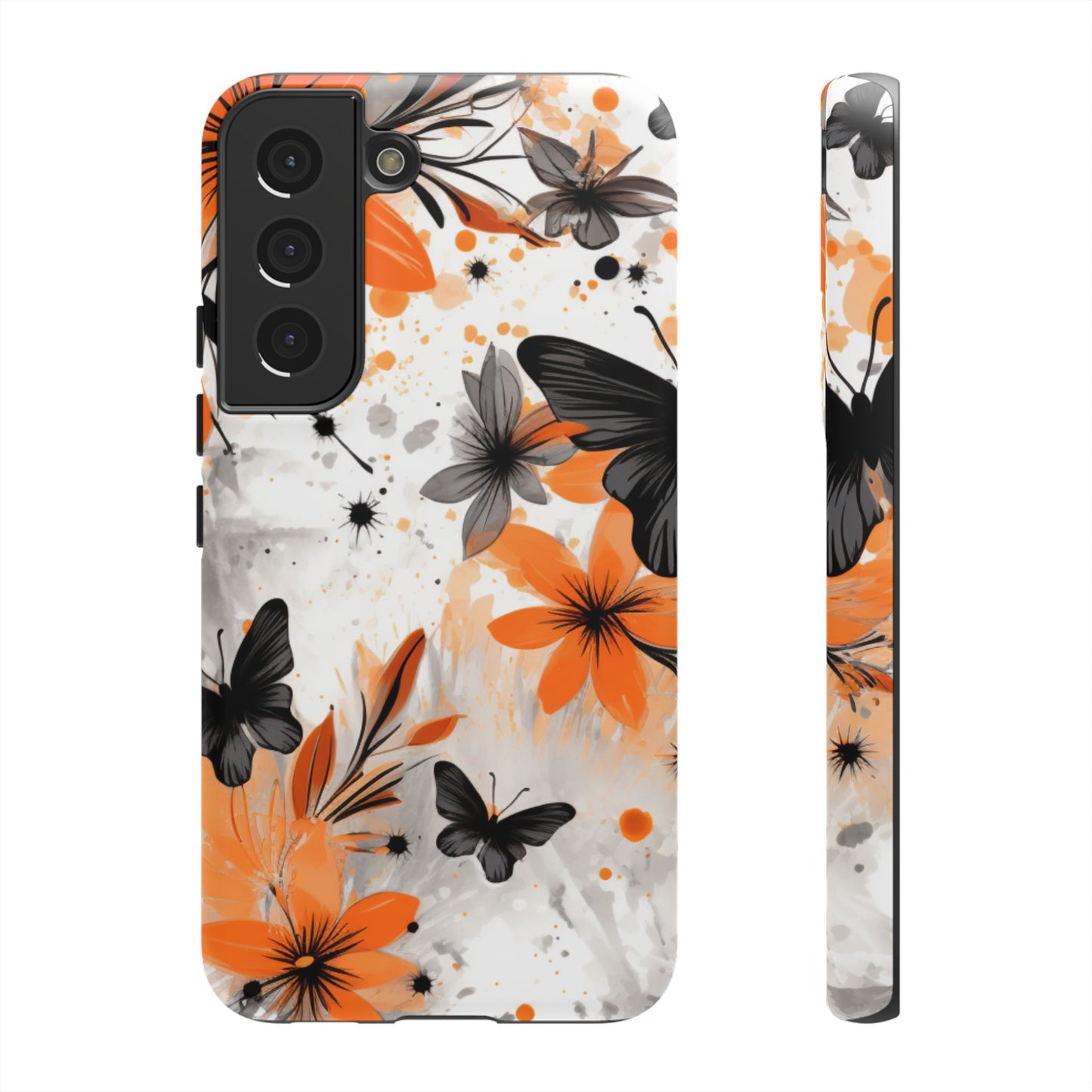 Orange Blossom & Black Butterfly Samsung Galaxy Case – Bold Floral Pattern with Modern Abstract Style
