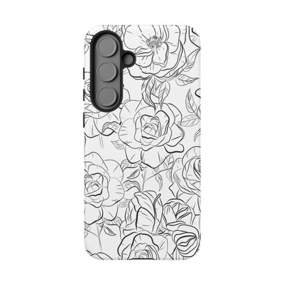 Monochrome Rose Garden Tough Samsung Galaxy Case – Elegant Floral Line Art with Dual-Layer Protection