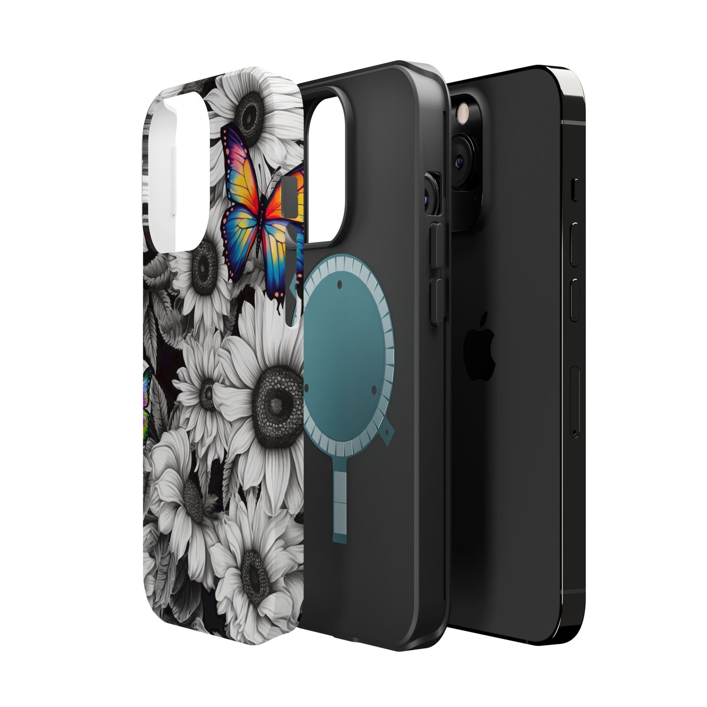 Rainbow Butterflies & Monochrome Sunflowers – MagSafe iPhone Case