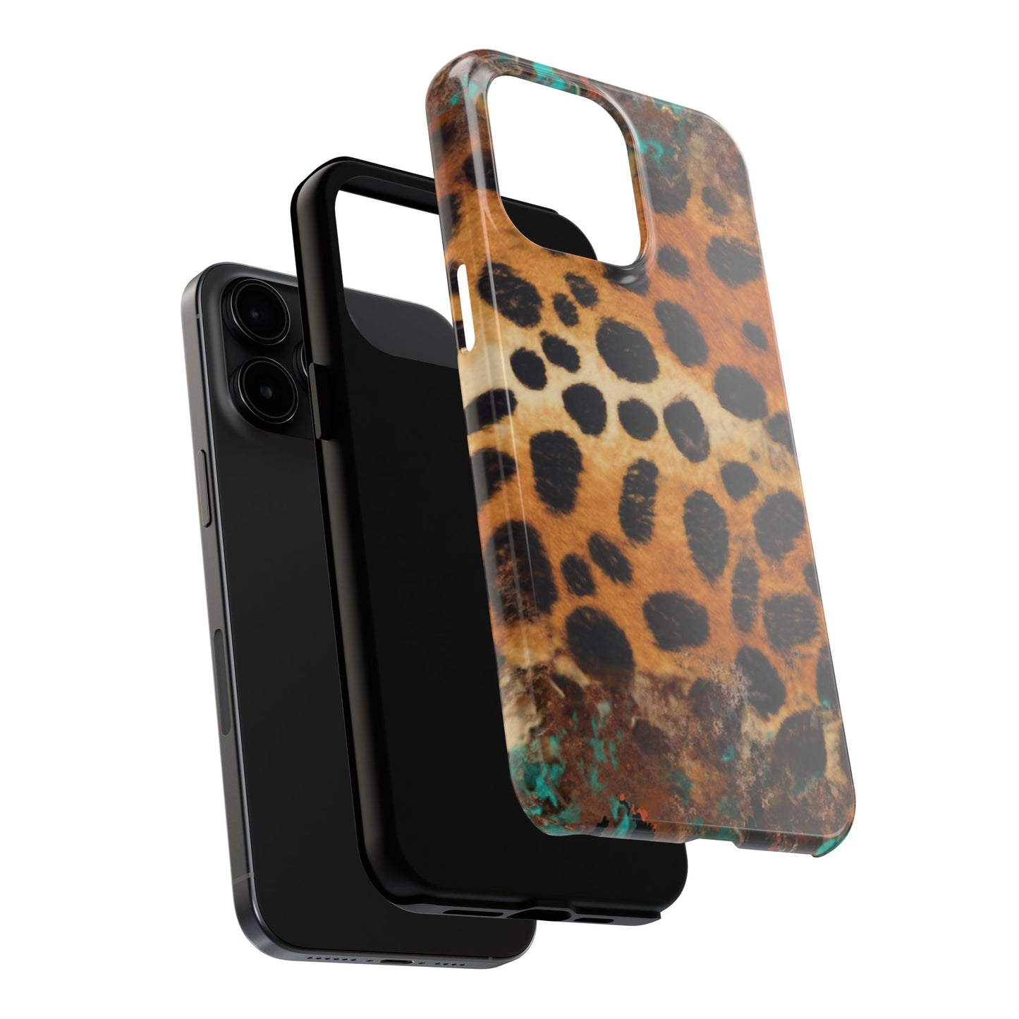 Rustic Leopard Print Tough iPhone Case – Distressed Turquoise and Animal Pattern with Dual-Layer Protection