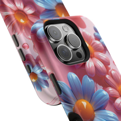 Pastel Daisy 3D MagSafe iPhone Case – Glossy Pink and Blue Floral Design, Full Protection