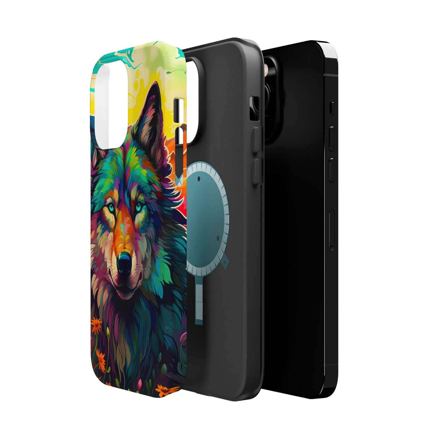 Rainbow Wolf in Bloom – MagSafe iPhone Case with Nature-Inspired Design