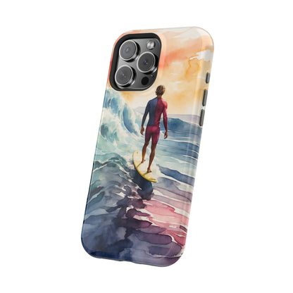 Surfer’s Sunset Wave MagSafe iPhone Case – Vibrant Watercolor Design