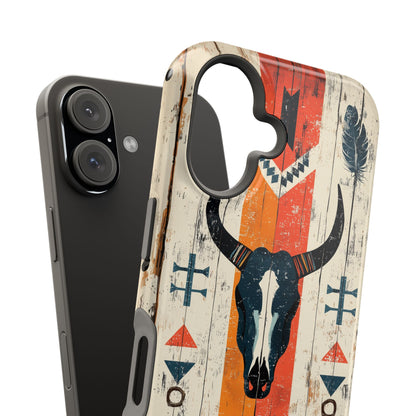 Rustic Western Bull Skull Tough MagSafe iPhone Case – Distressed Wood Design, Dual-Layer Protection