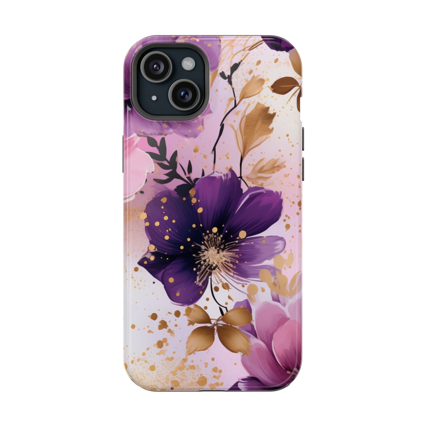 Elegant Purple & Gold Floral MagSafe iPhone Case - Luxe Flower Design