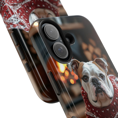 Cozy Bulldog in Sweater iPhone Case – Festive Fireplace Protective Cover