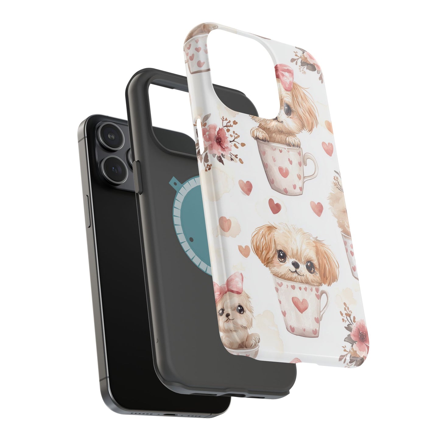 Cute Puppies in Heart MagSafe iPhone Case – Adorable Dog & Floral Design, Shockproof & Slim