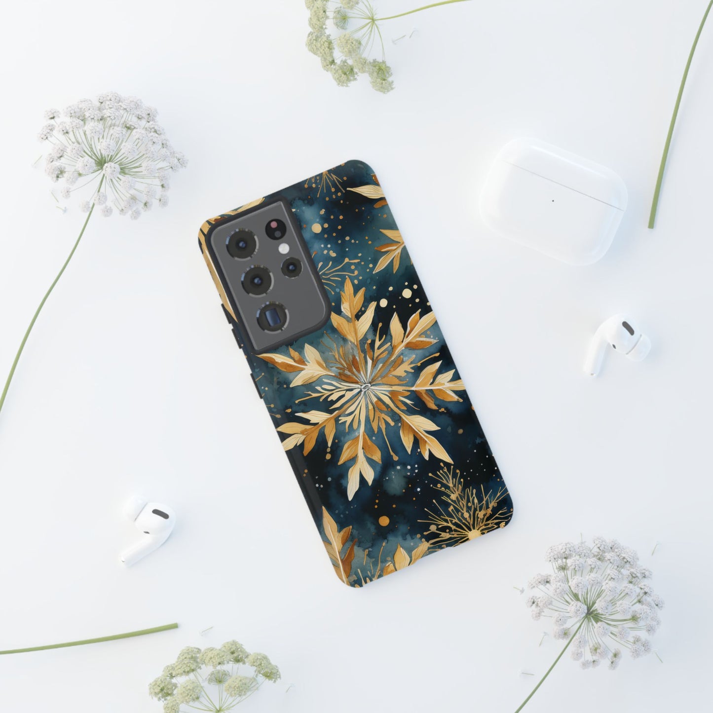 Gold Floral Snowflakes on Midnight Blue - Samsung Galaxy Series Case