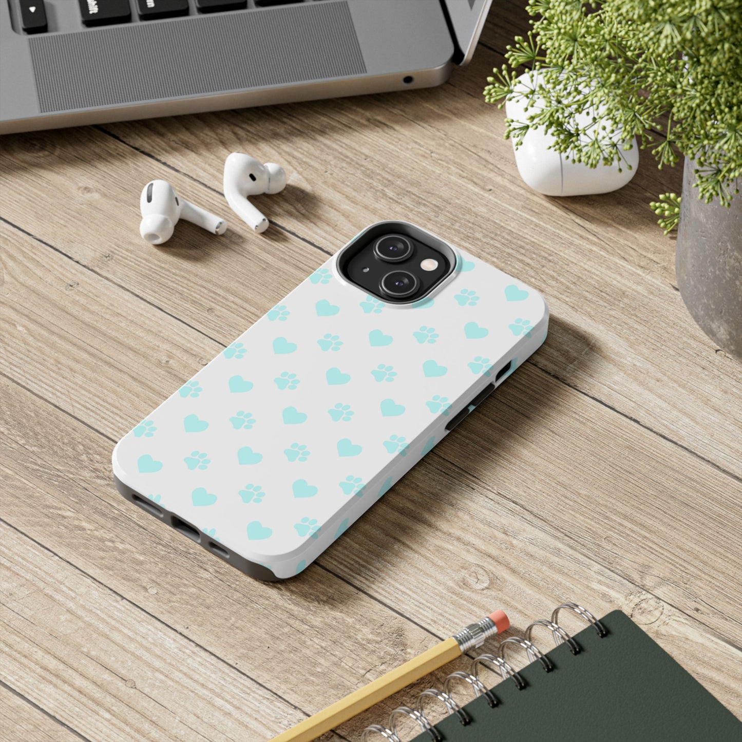 iPhone Case - Aqua Paw Print & Heart Design