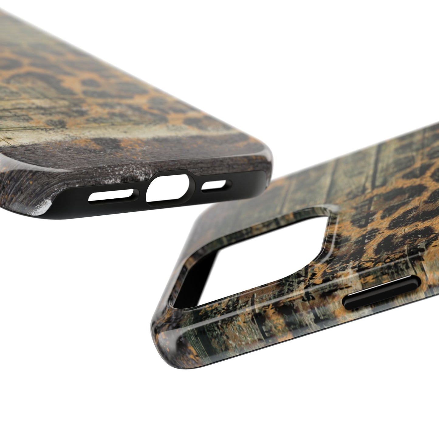 Rustic Wood and Leopard Print Tough iPhone Case – Distressed Western Design with Dual-Layer Protection