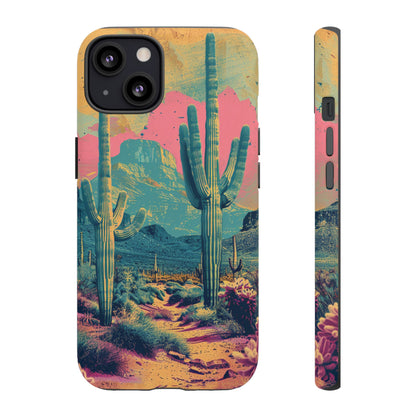 Desert Oasis Retro Cactus Phone Case - Vibrant Sunset Landscape for iPhone 15/14/13/12, Samsung S24/S23/S22/S21, & Google Pixel