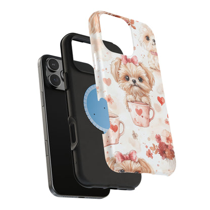 Puppies & Heart Mugs MagSafe iPhone Case – Sweet Dog & Floral Design, Shockproof & Slim