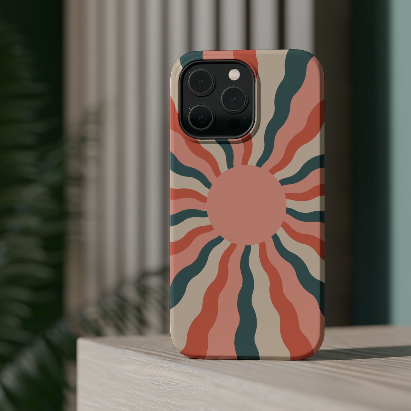 Retro Sunburst MagSafe iPhone Case – Bold 70s-Inspired Waves in Coral, Teal, and Cream