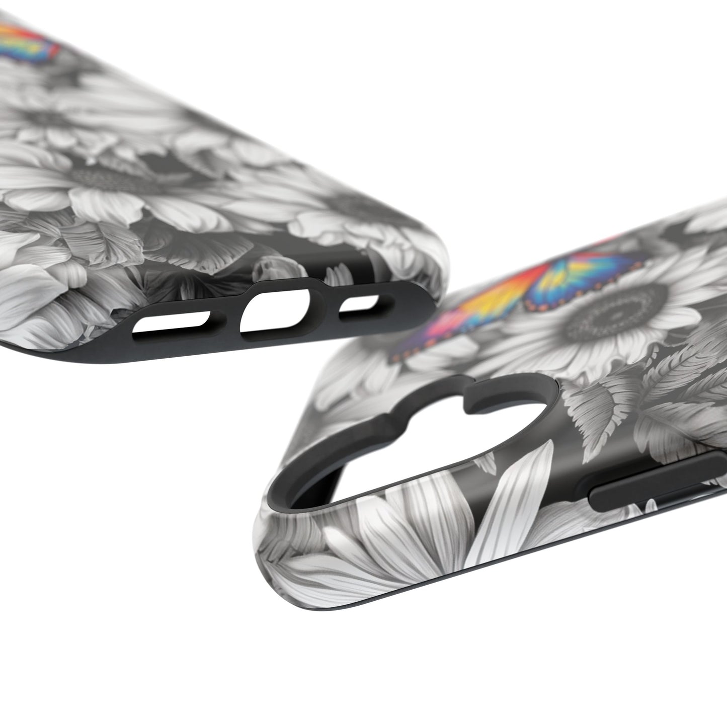 Rainbow Butterflies & Monochrome Sunflowers – MagSafe iPhone Case