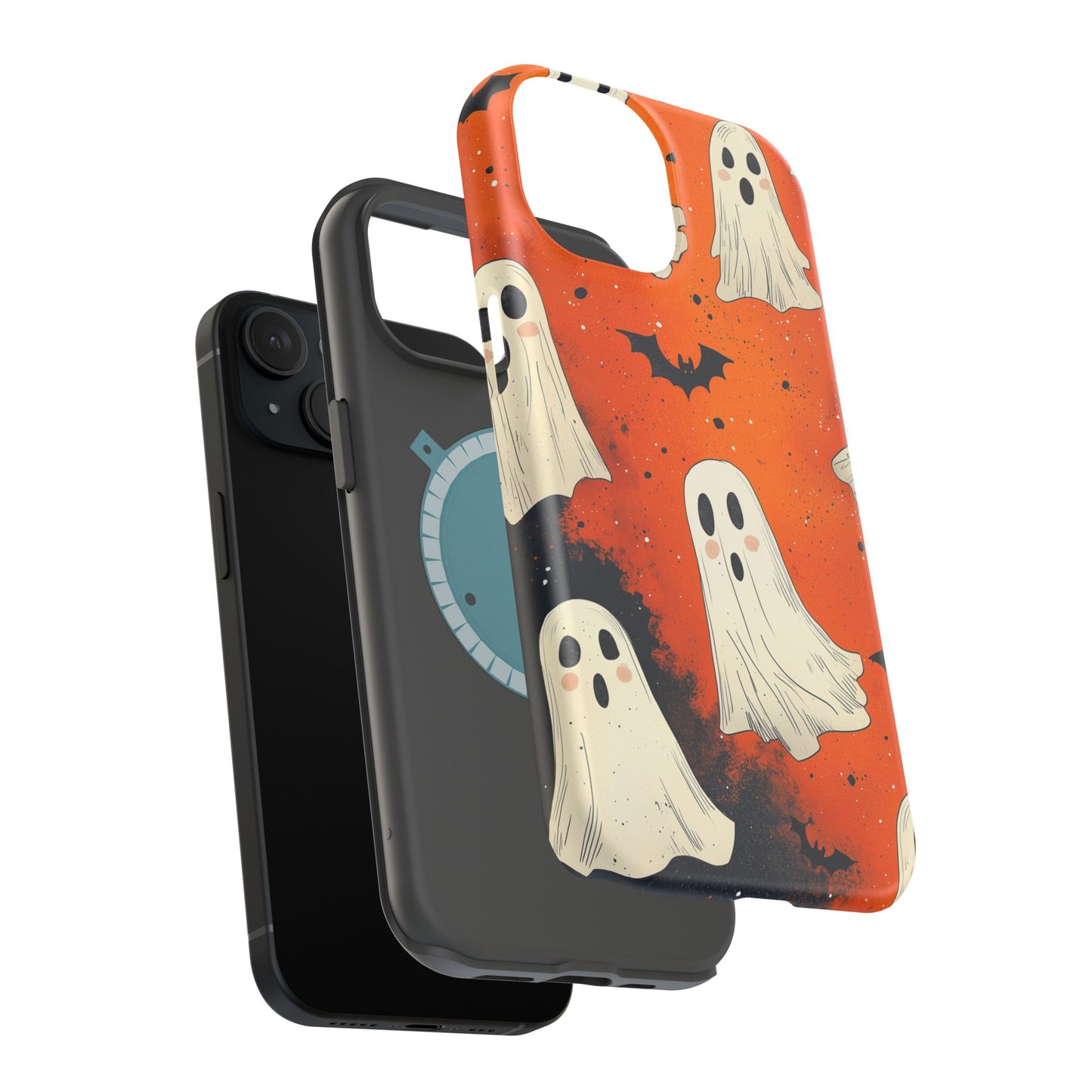 Spooky Ghosts & Bats  MagSafe iPhone Case – Vibrant Orange Halloween Design