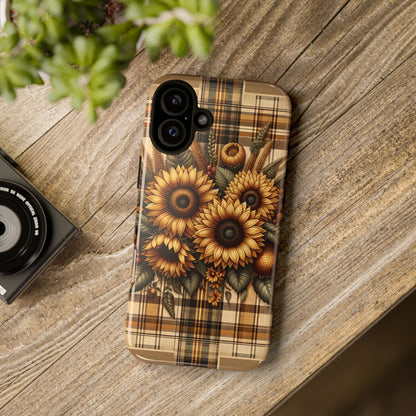 Country Sunflower Phone Case - Harvest Hues - Vintage Style Sunflower Plaid - BOGO Cases