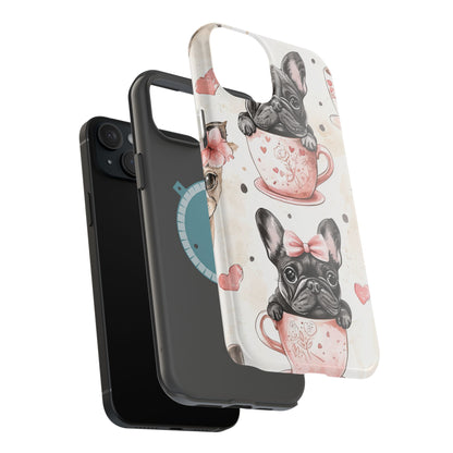 French Bulldogs in Teacups MagSafe iPhone Case – Cute Dog Design with Hearts & Bows, Shockproof & Slim