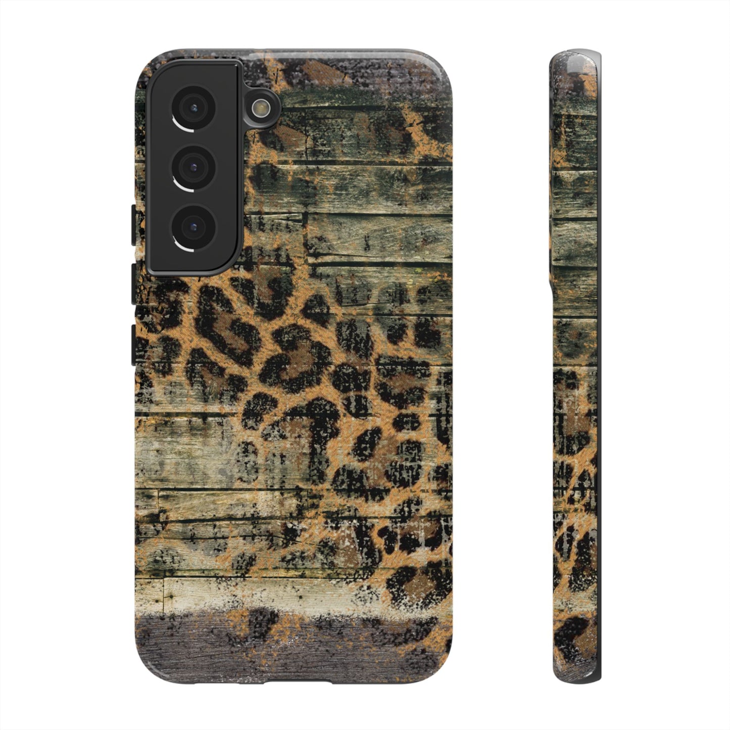 Rustic Wood and Leopard Print Tough Samsung Galaxy Case – Distressed Western Design with Dual-Layer Protection