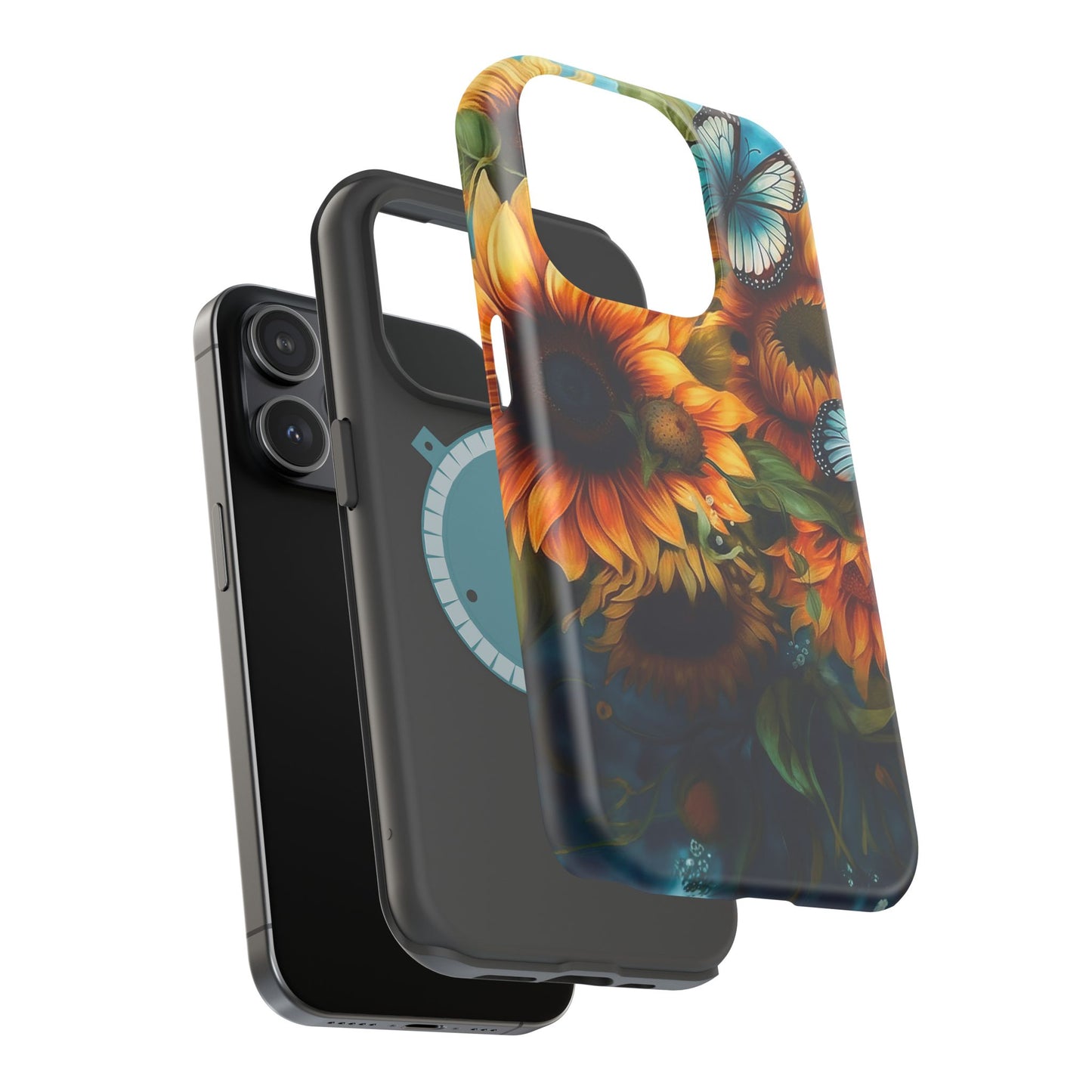 Aqua Blue Butterfly & Sunflower Art – MagSafe iPhone Case