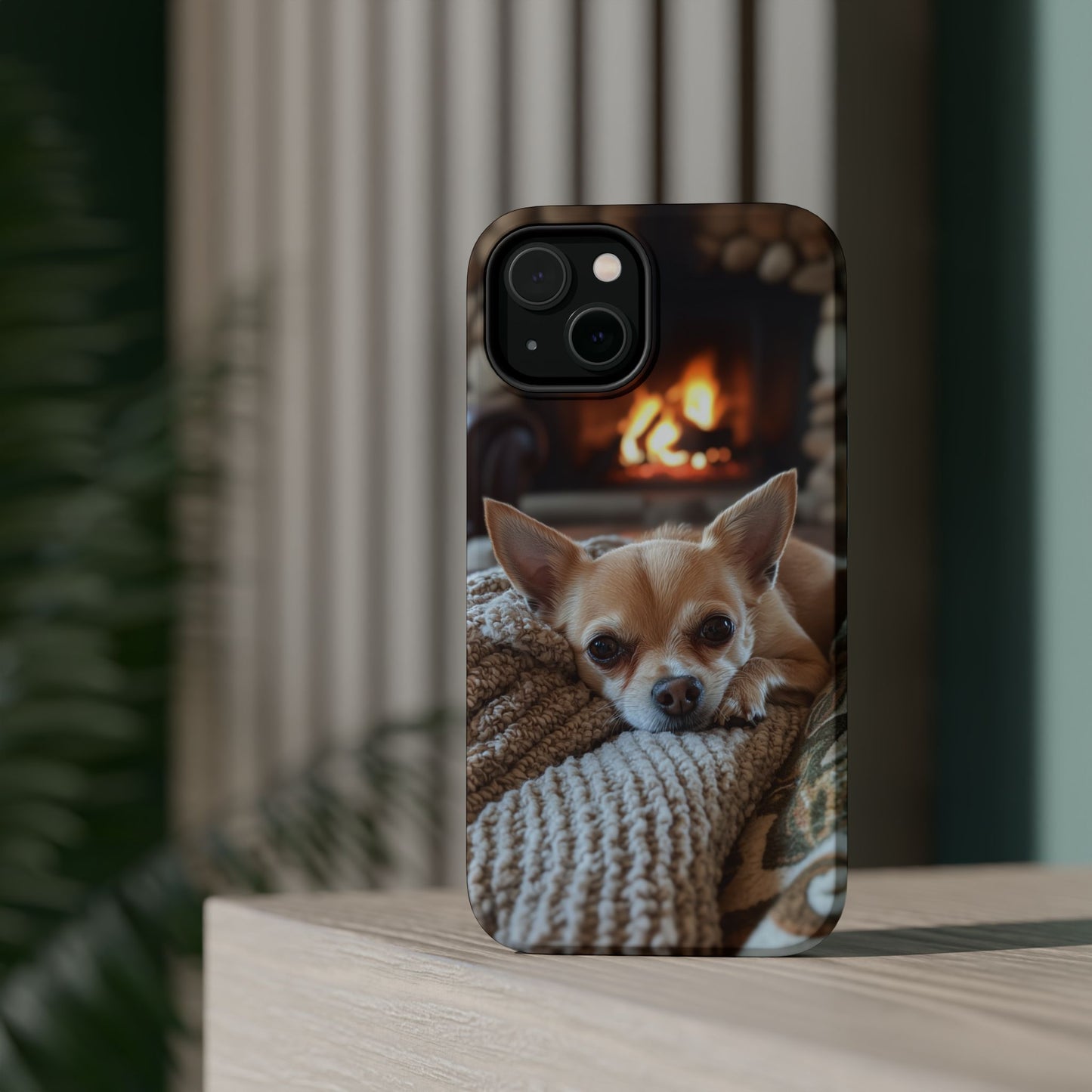 Relaxing Chihuahua by Fireplace MagSafe iPhone Case – Functional and Cozy Design