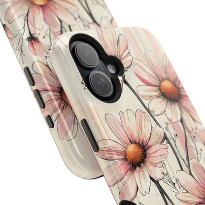 Pastel Pink Daisy MagSafe iPhone Case - Elegant Floral Plaid Protective Cover