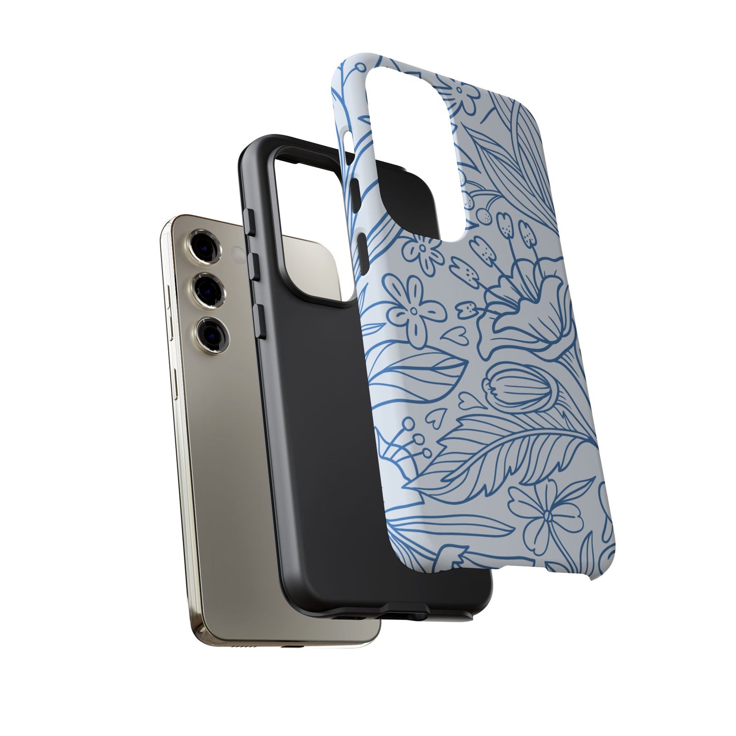 Dusty Blue Floral Line Art Tough Samsung Galaxy Case – Minimalist Botanical Design with Dual-Layer Protection