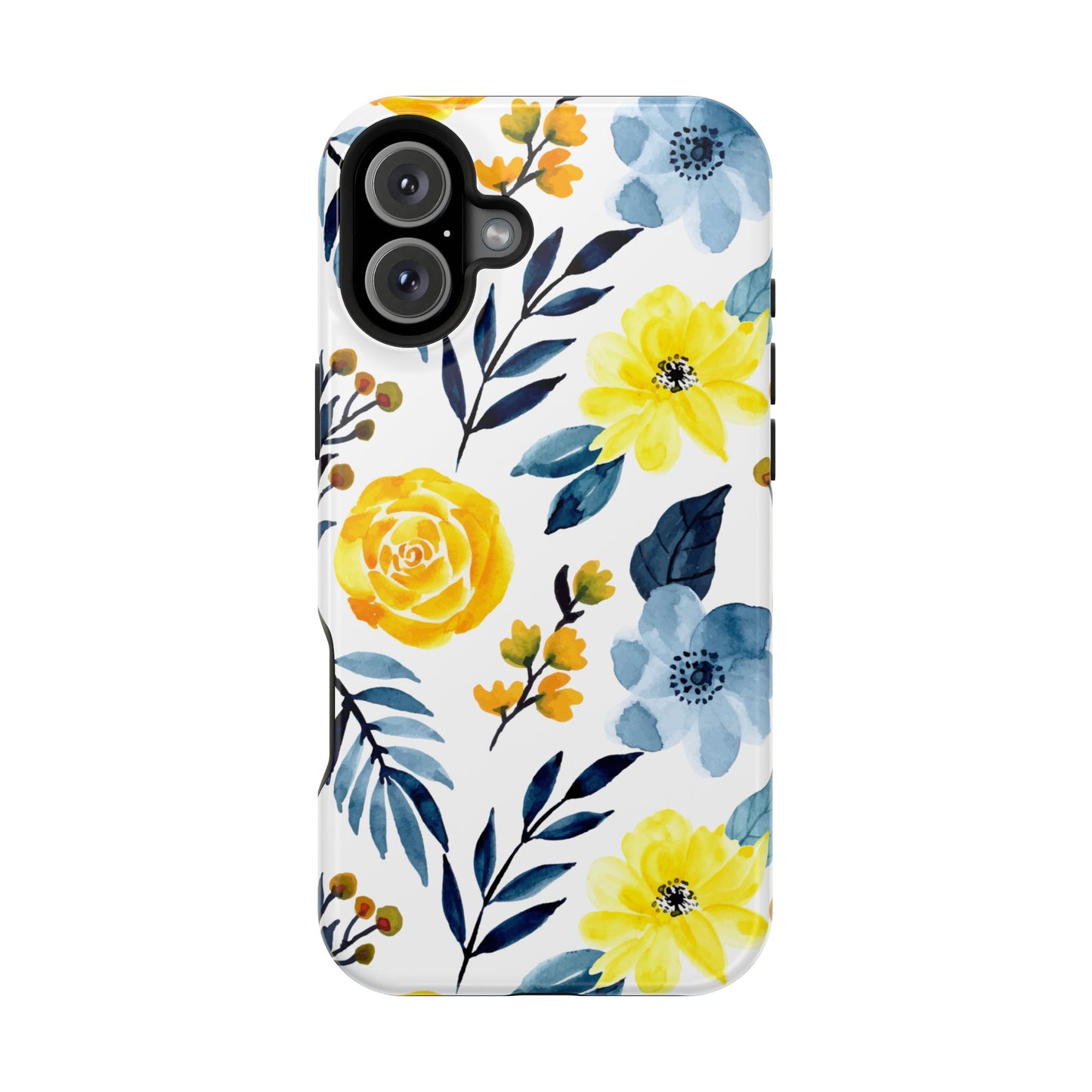 Golden Yellow & Sky Blue Floral – Watercolor Botanical MagSafe iPhone Case