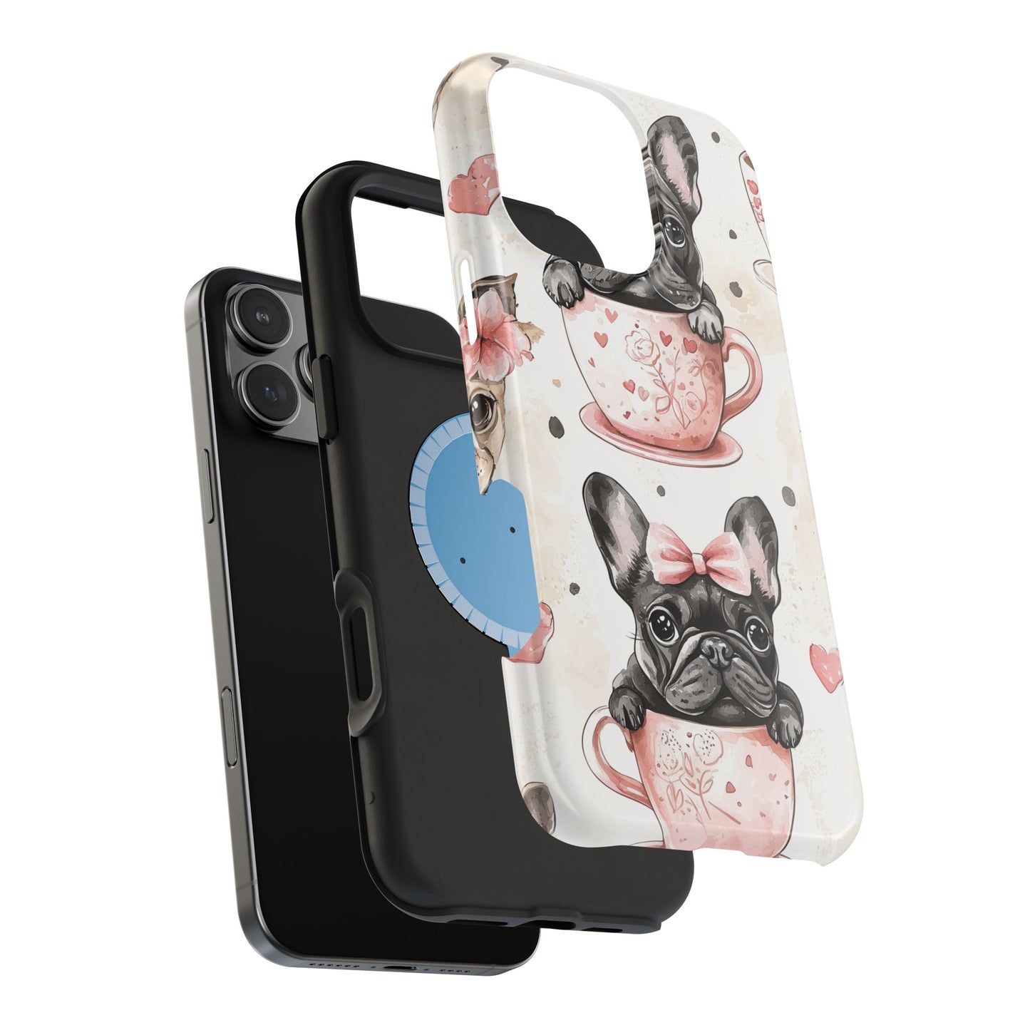 French Bulldogs in Teacups MagSafe iPhone Case – Cute Dog Design with Hearts & Bows, Shockproof & Slim