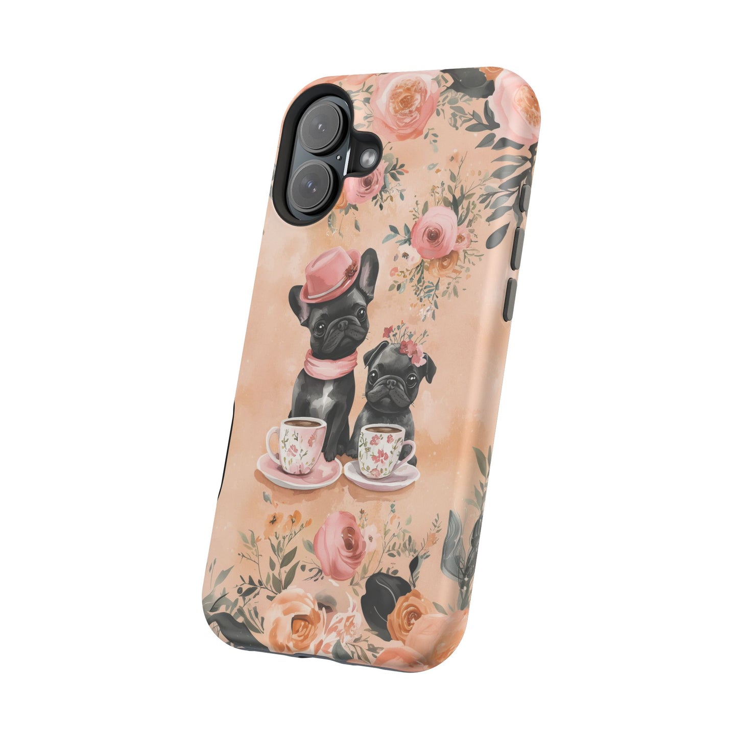 Floral French Bulldogs MagSafe iPhone Case – Elegant Dog Design with Tea Cups & Roses, Shockproof Protection