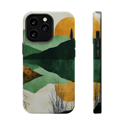 Retro Mountain Sunrise MagSafe iPhone Case – Minimalist Landscape Design, Dual-Layer Protection