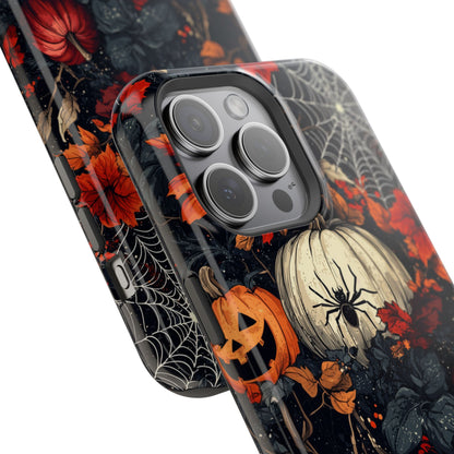 Hauntingly Elegant Halloween MagSafe iPhone Case – Pumpkins, Spiders, and Autumn Leaves Design